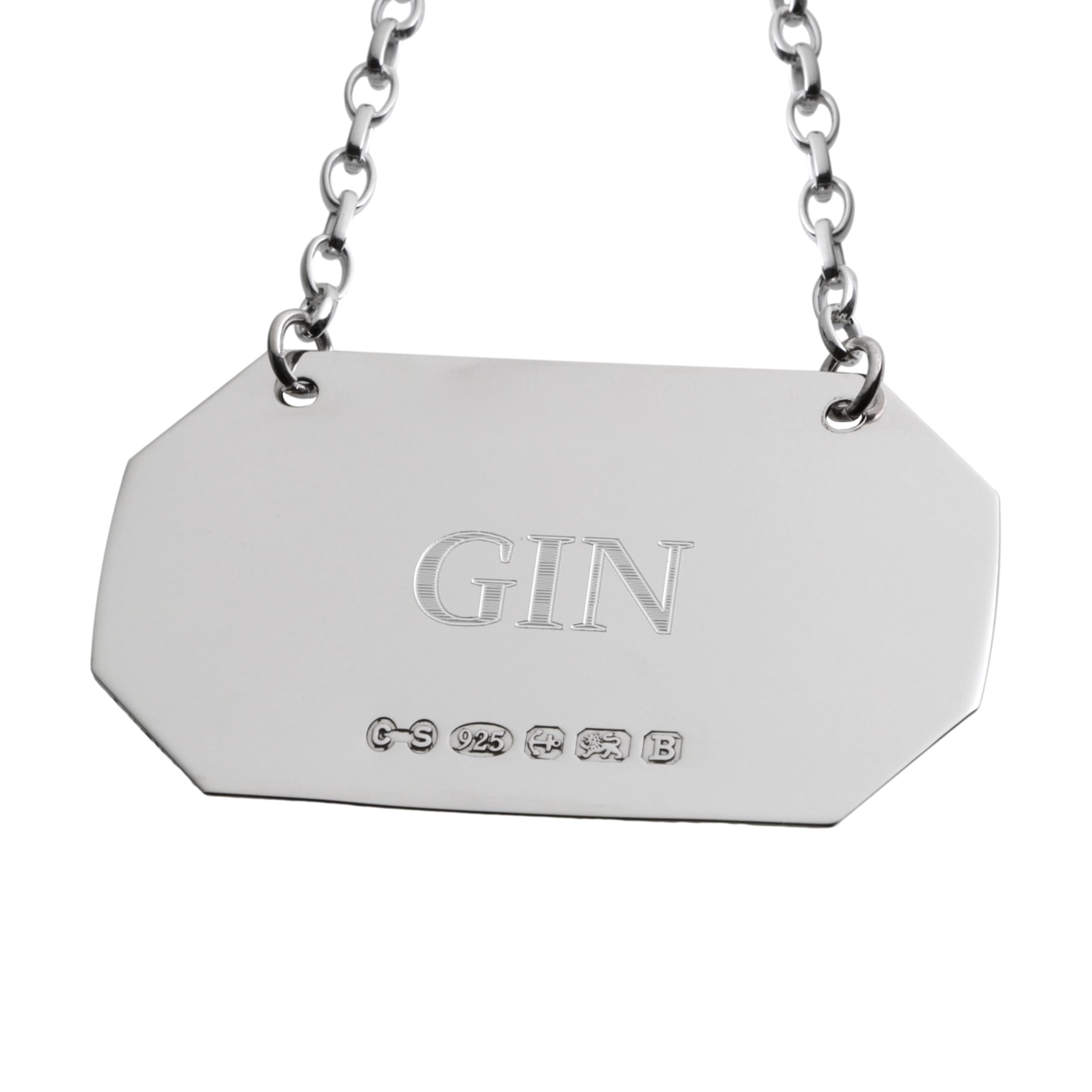Étiquettes à décanter en argent sterling (gin) – Étiquettes à décanter à spiritueux chanfreinées, entièrement poinçonnées en argent sterling 925 pour décanteurs à spiritueux