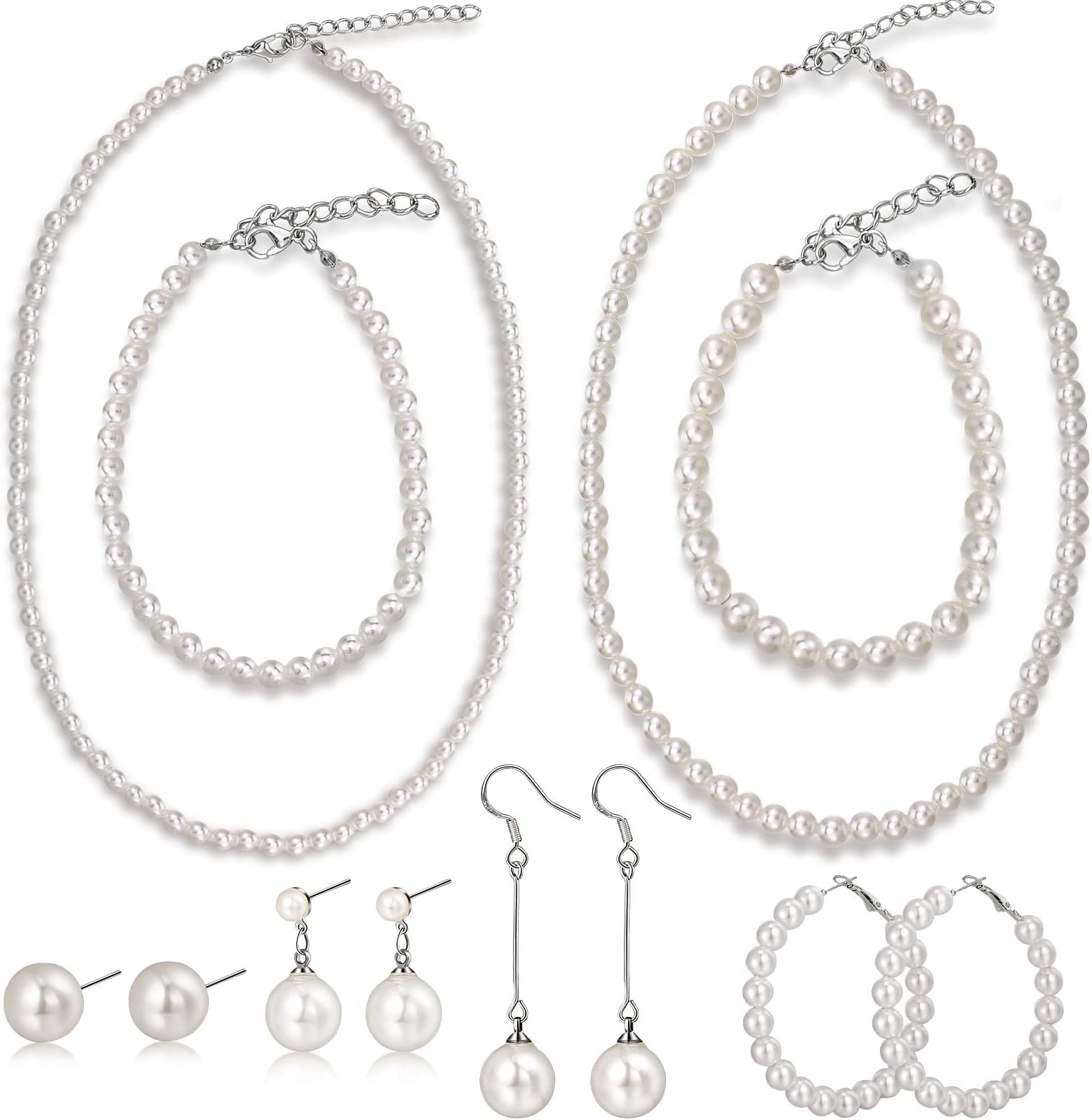 Tatuo 8 Pieces Faux Pearl Jewelry Set Christmas gift Simulated Pearl Necklace Bracelet Earrings for Women Girls Pearl Choker Dangle Earring Set for Birthday Anniversary Wedding