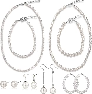 8 Pieces Faux Pearl Jewelry Set Christmas gift Simulated Pearl Necklace Bracelet Earrings for Women Girls Pearl Choker Dan...