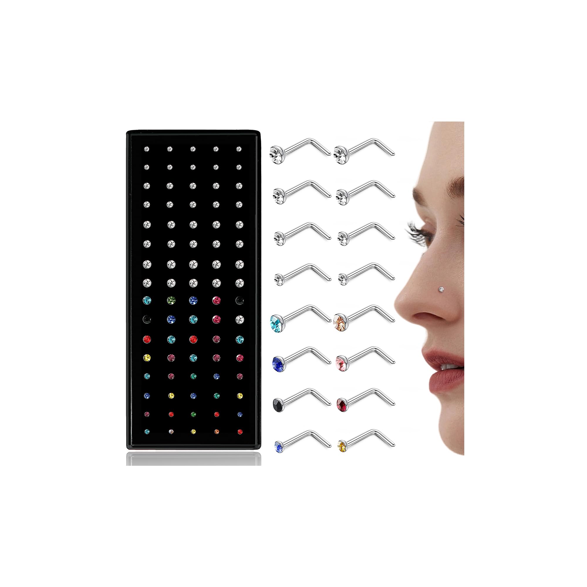 𝟖𝟎-𝟏𝟔𝟎𝐏𝐜𝐬 Nose Rings Studs for Women Men - Straight or L Shaped Surgical Stainless Steel Small Nose Studs Pin - Hypoallergenic 20G 22G Tiny Nose Piercing Jewelry 1.5/2/2.5/3 mm CZ-image-38