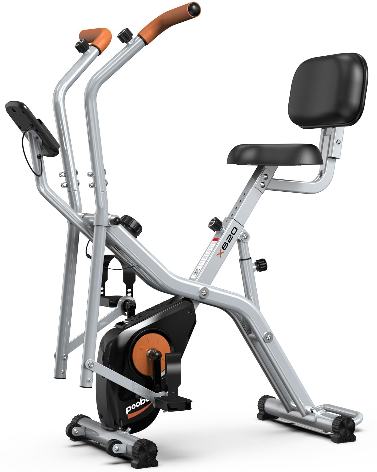 pooboo Folding Exercise Bike, Foldable Upright Stationary Bike, Indoor Cycling Magnetic X-Bike with 8-Level Adjustable Resistance, 6.6 LBS Flywheel, 300LB Capacity, Back Support Cushion for Home Gym Silver Grey