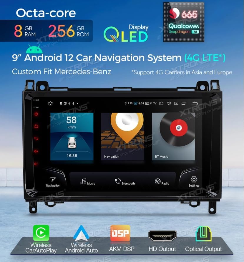 XTRONS IQP92M245P Autoradio user interface showing navigation, music, and settings