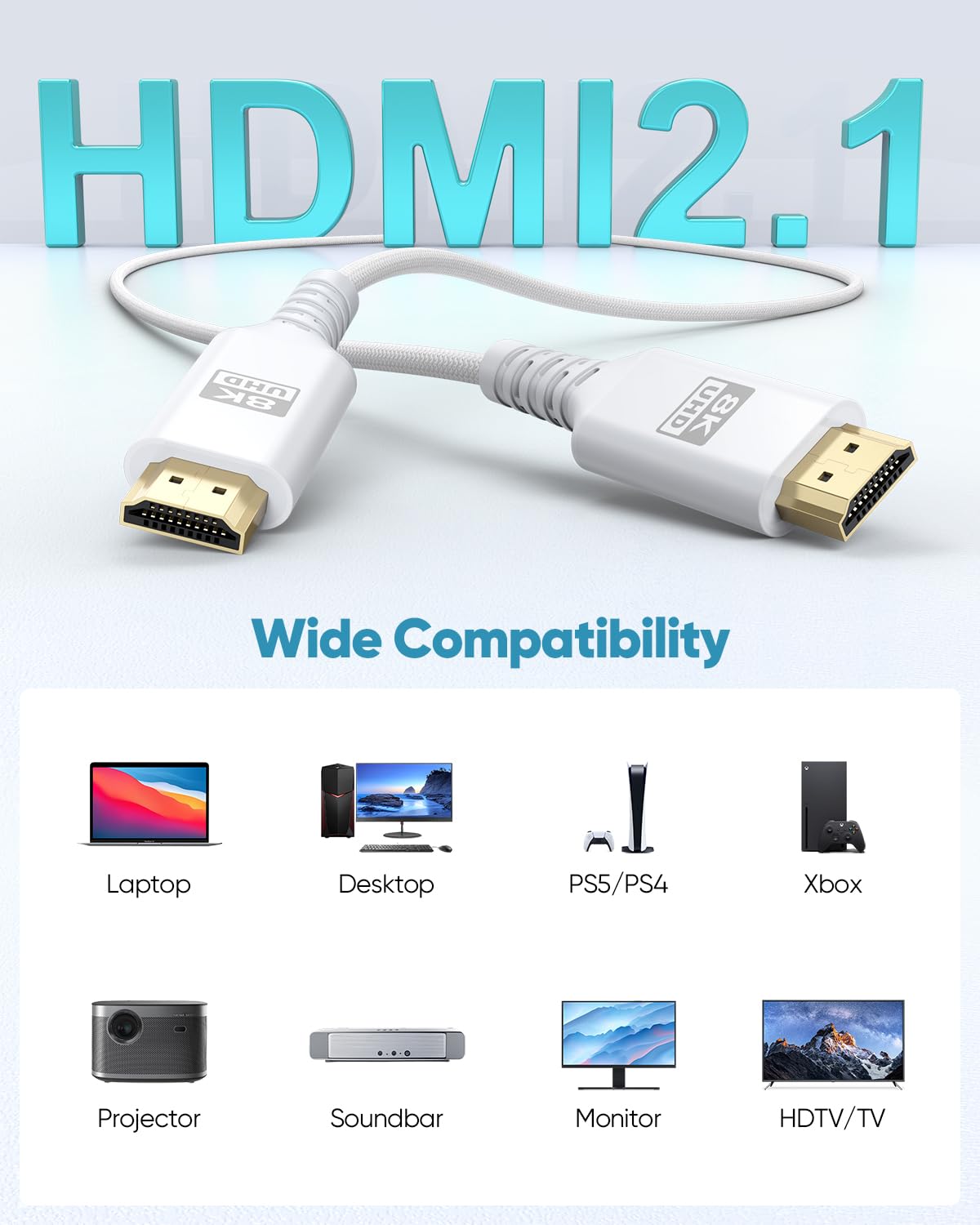 Cable HDMI 8K blanco de 20 pies, 20 pies, cable HDMI 2.1 de ultra alta velocidad eARC trenzado largo con 8K @60Hz, 4K @120Hz, HDR10+, Dolby, 3D, HDCP2.3 para portátil/monitor/HDTV/barra de