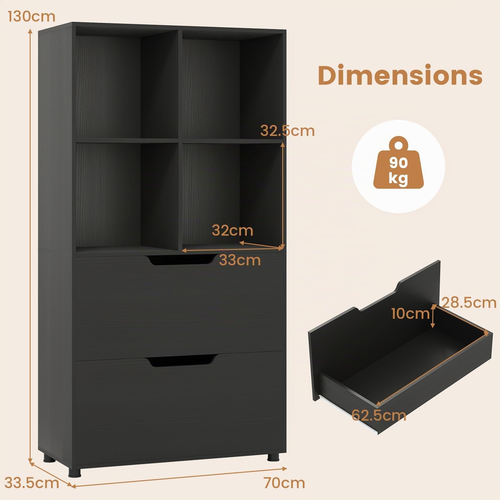 KOMFOTTEU Bibliothèque Bois 4 Cubes avec 2 Tiroirs, 70x33,5x130 cm, Noir
