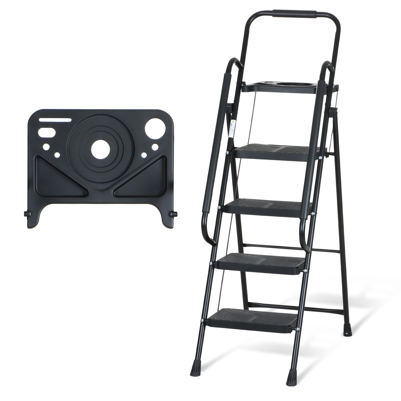GalvaranLadder with Safety Handrails, 150 kgs Folding Step Stool with Tool Tray and Wide Non-Slip Pedal for Home, Kitchen, Pantry, Closets, Office Use (4 Step)