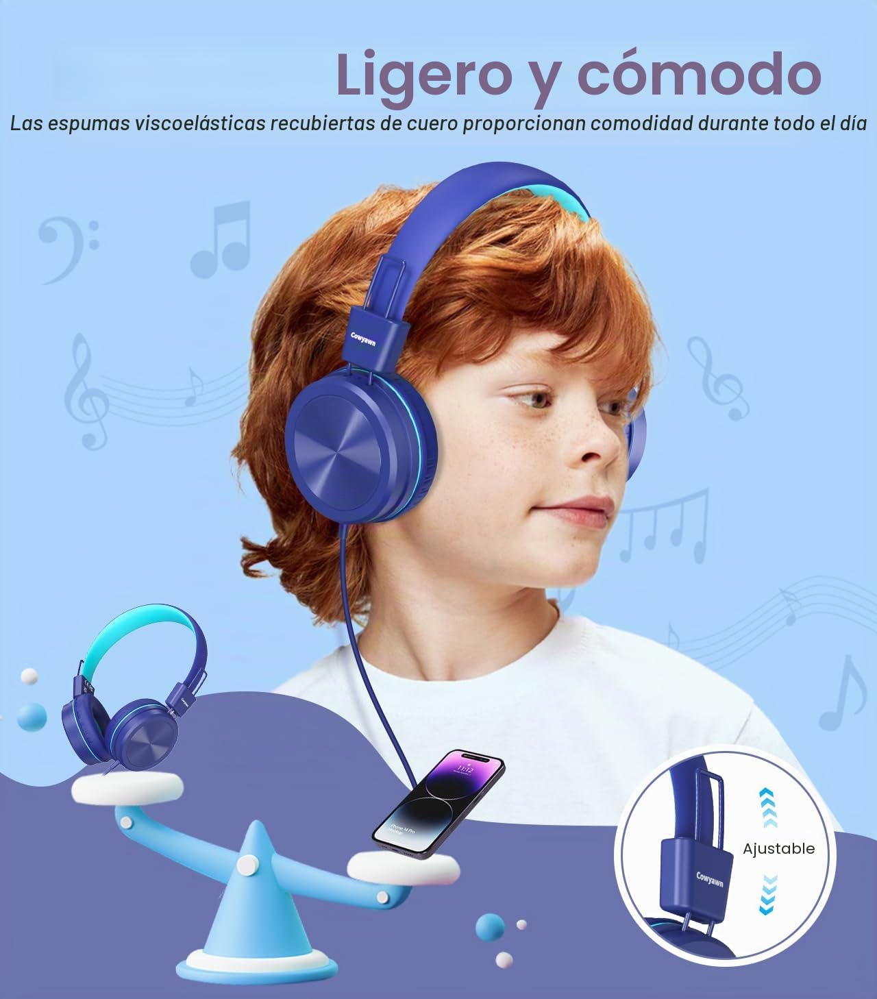 Cowyawn Auriculares para niños con limitador de Volumen Seguro de 94 dB, Auriculares Escolares con Cable para niños con diseño Ajustable y Flexible para niños y niñas, Azul