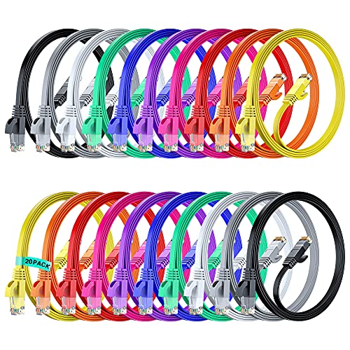 Maximm Cat6 Ethernet Cable 6ft, 20-Pack Multicolor - Flat High-Speed Network Cables for Gaming, Streaming, Router, Modem, PC, PS5, Xbox - Durable & Space-Saving Design
