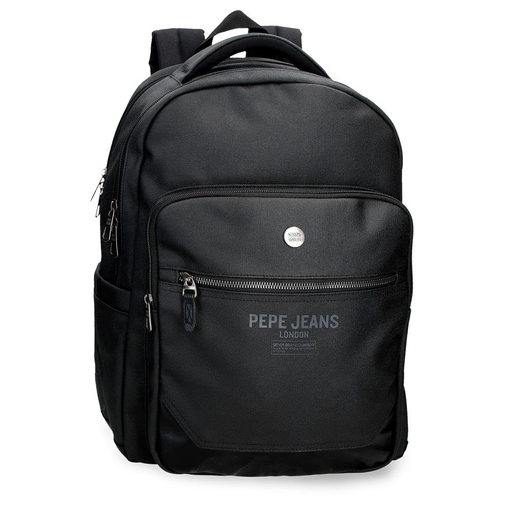 Pepe Jeans Berwick Adaptable Double Compartment Laptop Backpack 15.6 inches Black 31x44x15 cm PU and Polyester 20.46L by Joumma Bags