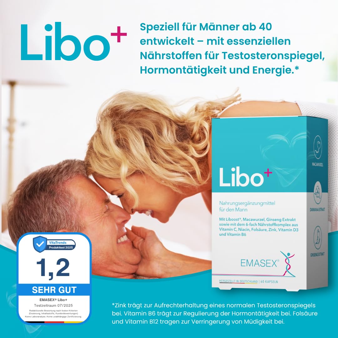 EMASEX Libo+ – hochdosiertes Männermittel zur Unterstützung von Testosteron, Energie & Leistungsfähigkeit mit Liboost, Maca, Ginseng sowie Zink, Vitamin C, B6, D3, Niacin & Folsäure