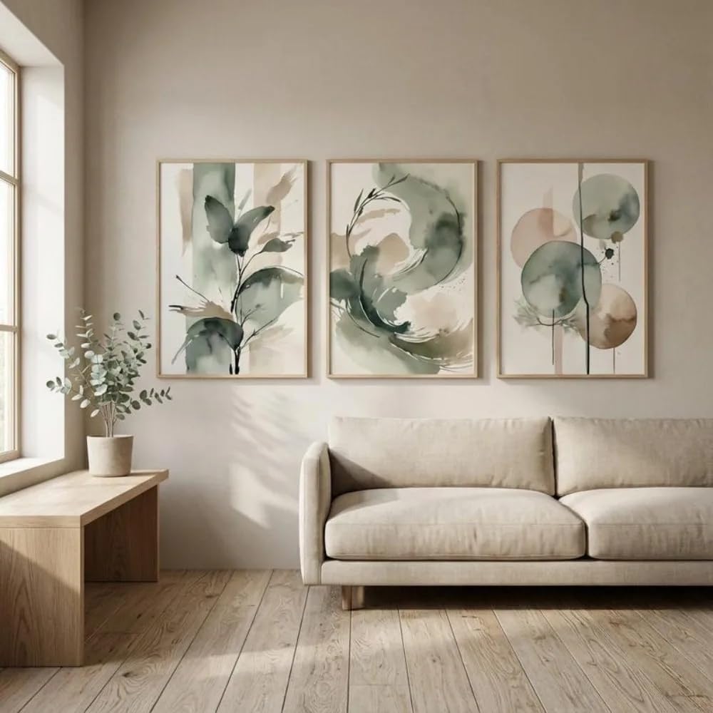 LMYSXAOZ Japanese Abstract Plant Wall Art,Sage Green Beige Decor Modern Zen For Living Room Bedroom Office Home Interior Decoration(35x50cm-3Pcs)
