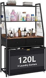 Laundry Hamper Laundry Basket with 3 Section Pull-Out Rolling Bags & 2-Tier Storage Shelf, Laundry Sorter for Organization and Storage with 2 Drawers for Laundry Room, Bathroom