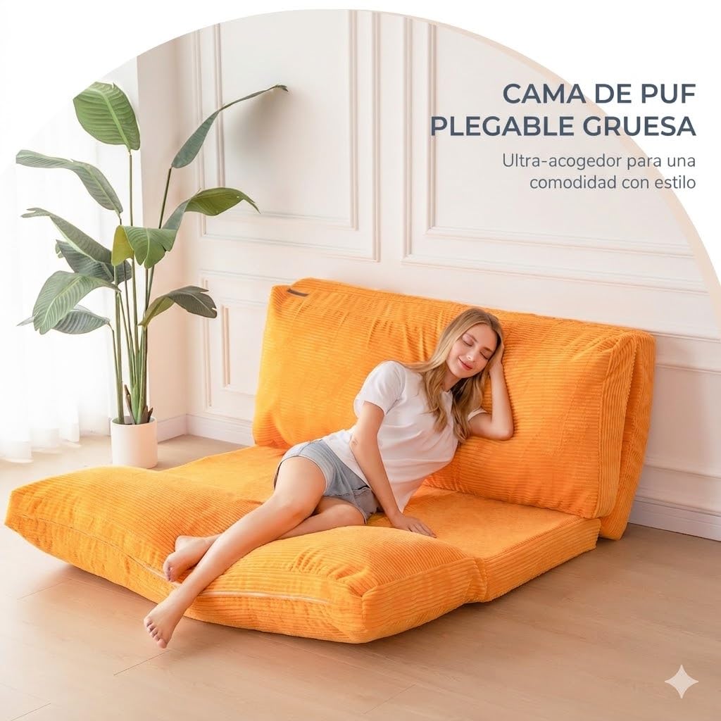 MAXYOYO Puf plegable de pana con relleno de espuma extragrueso de 4 pliegues para adultos, incluye funda extraíble y lavable a máquina para sala de estar, naranja, 75 x 240 cm