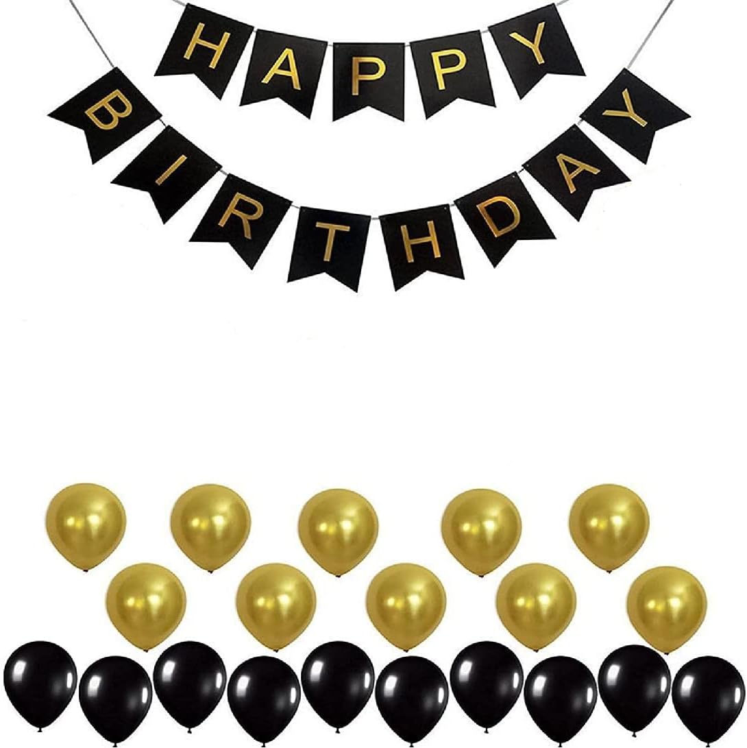 ZAMFONYHappy Birthday Paper Banners(Black) colour boy/Girl with 10- black and 10 gold Balloons