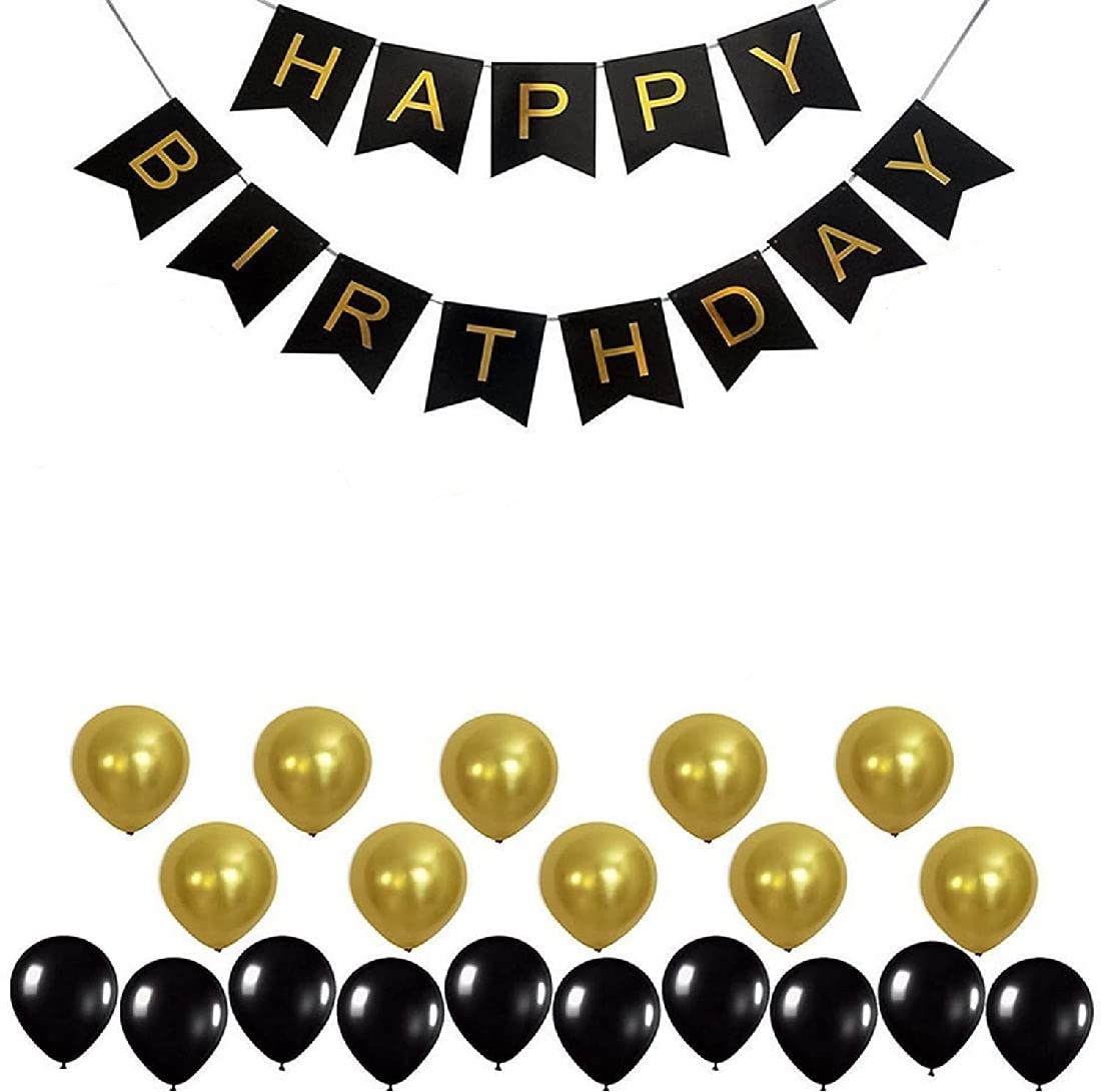ZAMFONYHappy Birthday Paper Banners(Black) colour boy/Girl with 10- black and 10 gold Balloons