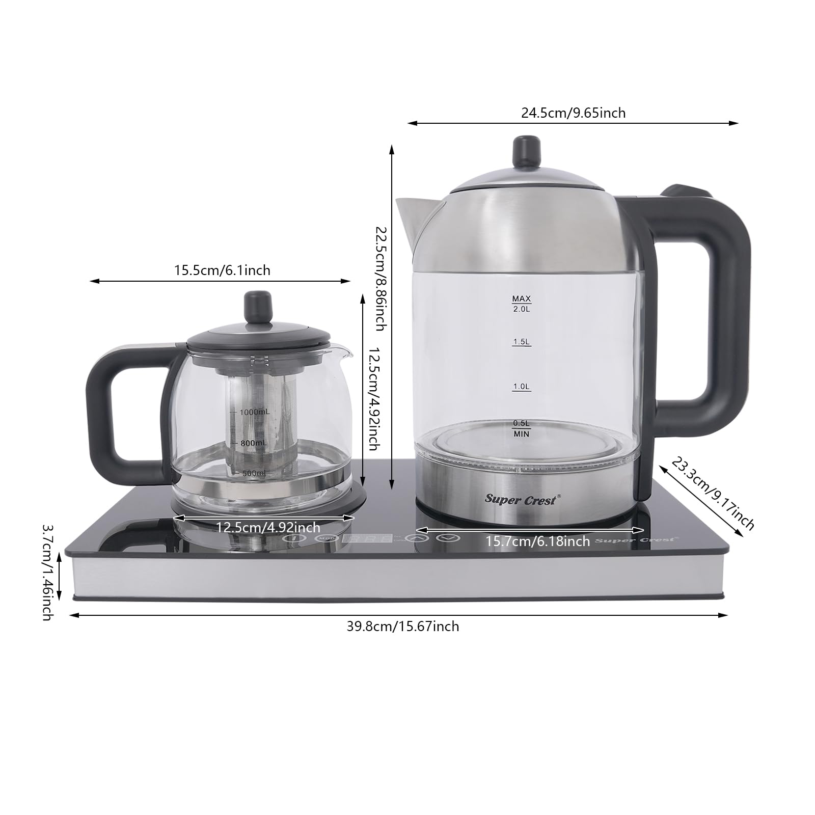 Estación de té y café en uno, base de hervidor de agua con pantalla LCD | Tetera de 2 litros y 1 L con filtro de acero inoxidable, ajuste de temperatura y sensor táctil, estación de té de 1500 W