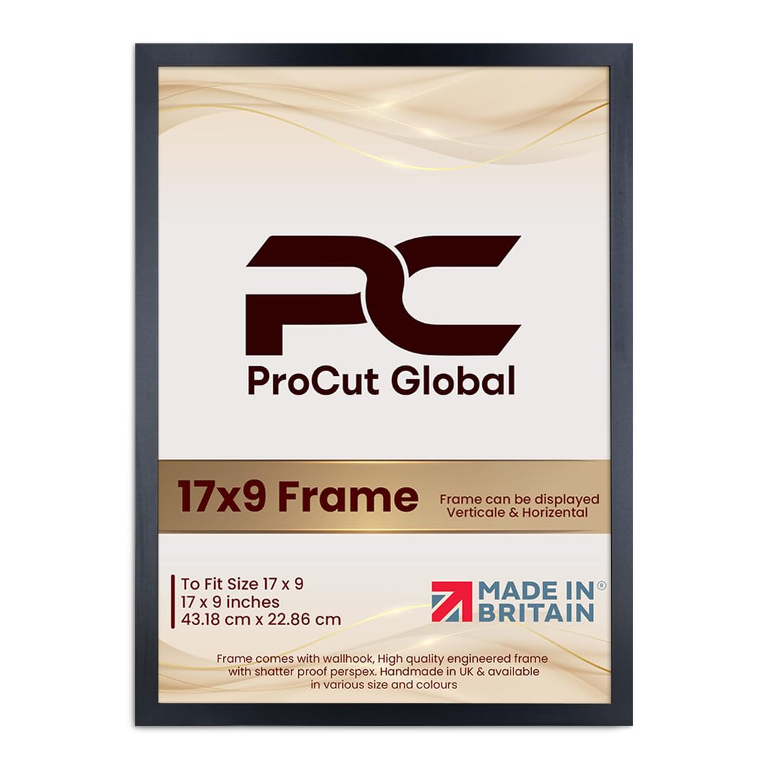 Procut Global 17X9 Matt Black Picture Frames - Modern Wooden Photo Frame with Shatterproof Perspex for Wall or Tabletop - Perfect for Posters, Certificates, Prints - Sizes & Colors Available
