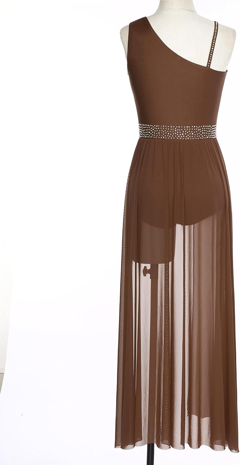 Long Lyrical Dance Dress for Women Rhinestone Shiny Flowy Leotard Dress Contemporary Dance Costume
