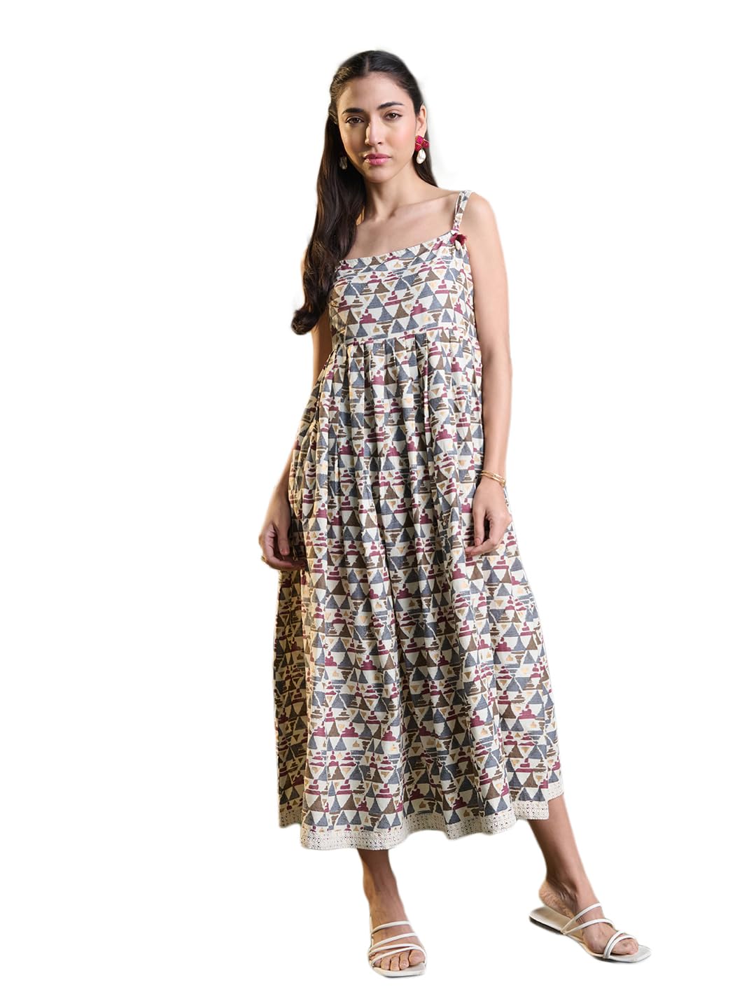 Stylum Women's Printed Cotton Pleated Dress (Drsbrownbaksa38_Brown, M)