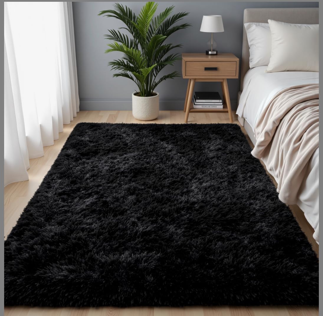 4x6 Area Rug for Living Room, Ultra Soft Fluffy Shag Rugs for Bedroom, Non-Slip Large Fuzzy Plush Rug Indoor Floor Carpet for Nursery Kids Office Dorm Modern Decor, Black