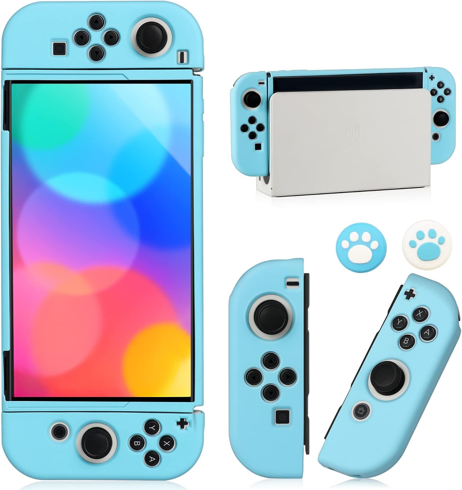Switch OLED Case for Nintendo Switch OLED Model, Dockable Cover Soft TPU Protector Case for Switch OLED Grips & Console and Accessories with 2 Pcs Thumb Caps, Blue