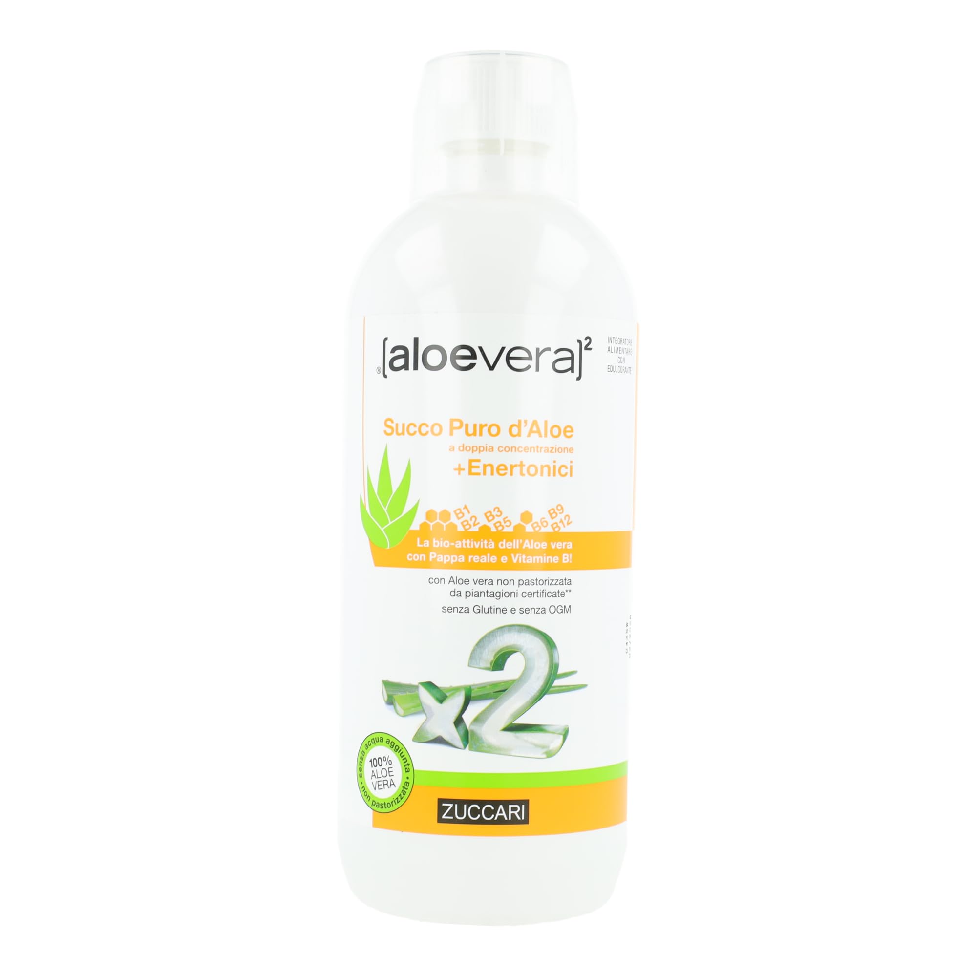 Zuccari ALOEVERA² Succo Puro d'Aloe + Enertonici, Bottiglia da 1000ml, Con Pappa Reale e Vitamine del Gruppo B da Grano Saraceno, Supporto Contro Stanchezza e Affaticamento
