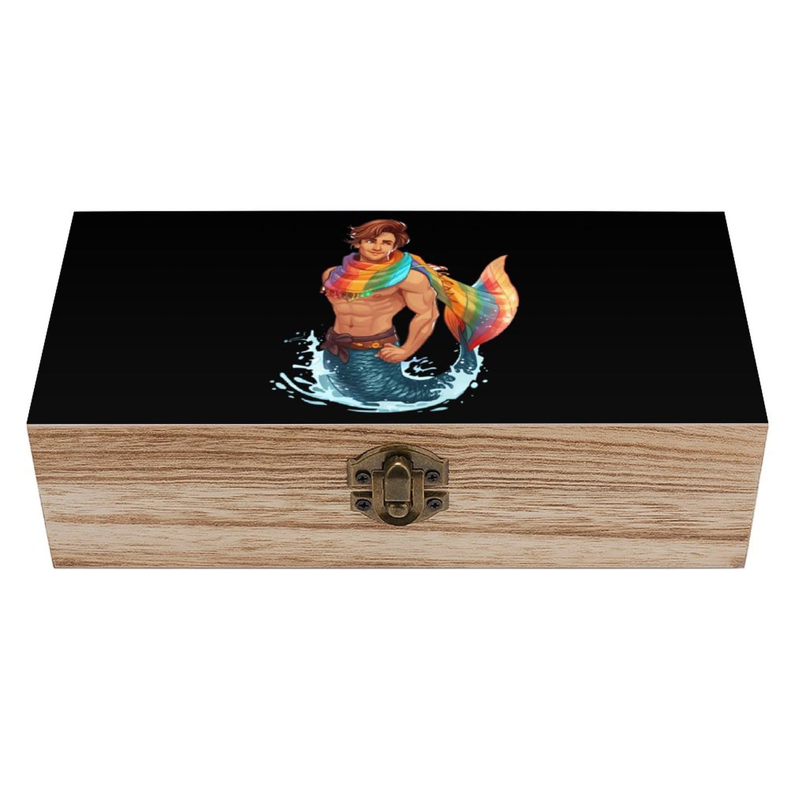 HLBSDM LGBT Gay Merman Mermen Pride Flag Wooden Box with Hinged Lid Decorative Storage Case Container