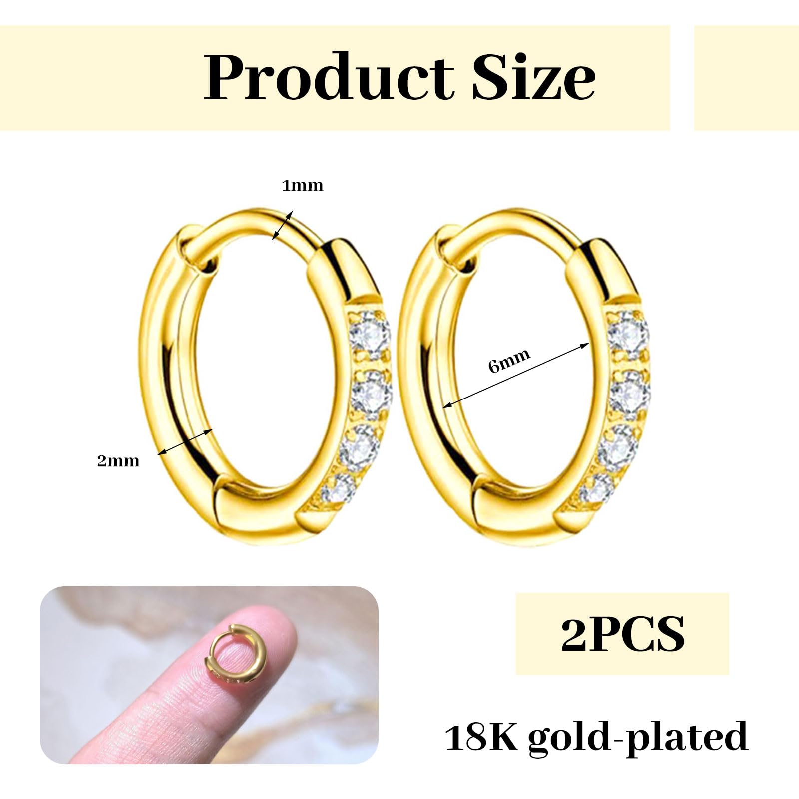 LunarCharm 1 Pair of Small Hoops, 18 Carat Gold Plated with Surgical 316L Steel, Hinged Hoops for Cartilage, Helix, Tragus, Earlobe, Lightweight Hypoallergenic Earrings