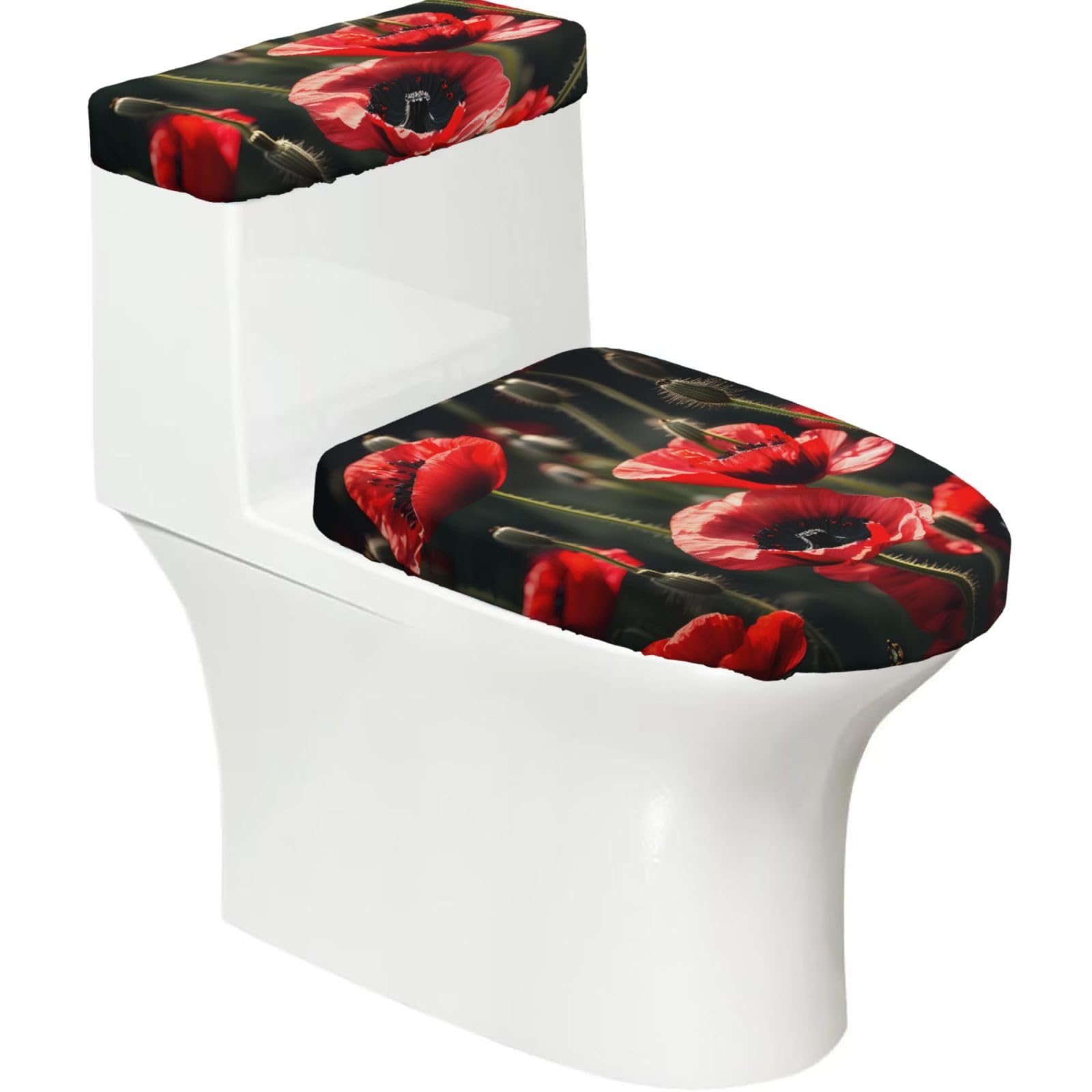 Beautiful Red Poppy Flower Printed Toilet Tank and Lid Cover Set of 2 for Most Bathrooms, Fits Elongated Round Toilets