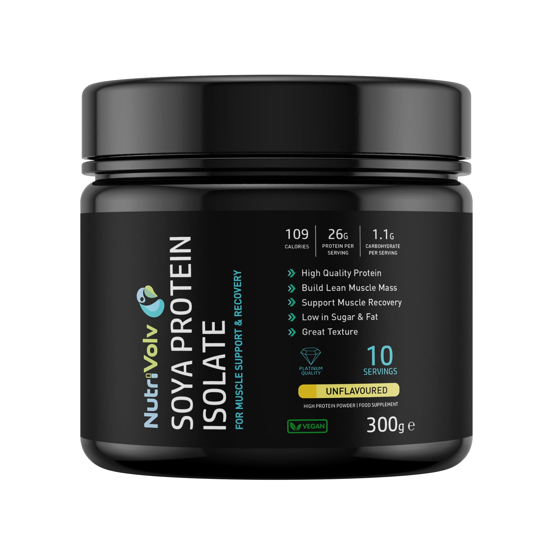 NutriVolv Vegan SOYA Protein Isolate Powder | Unflavoured 300g | 10 Servings | Build Lean Muscle Mass | Supports Muscle Recovery | BCAA Amino Acids