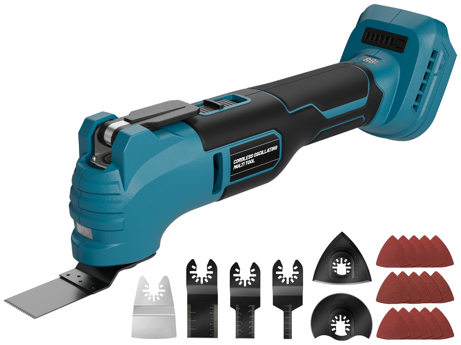 Multiherramienta Oscilante Inalámbrica para Makita 18V Batería, Herramienta Multifunción sin Escobillas con 23 Accesorios, Luz LED, 6 Velocidades Variables para Cortar, Tallar, Pulir (Sin Batería)