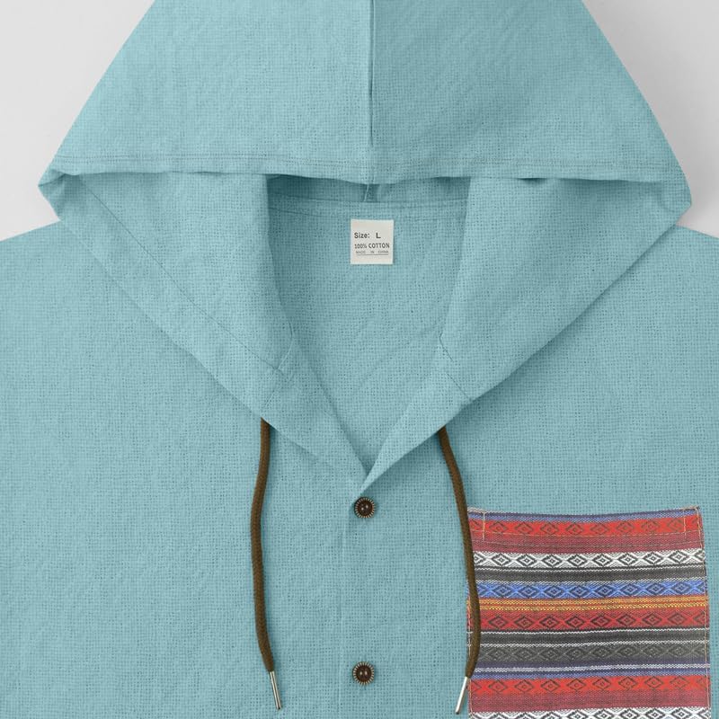 Men's Cotton-Linen Shirt - Long Sleeve Button-Up Hooded Shirt with Pockets Casual Wear for Vacations Daily Use - Image 4