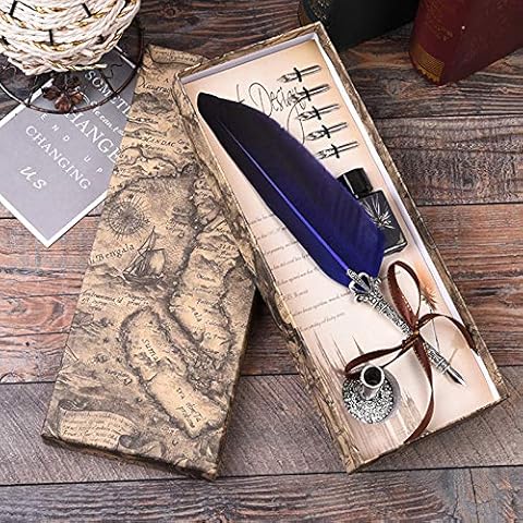 GracesDawn Calligraphy Pen Set, Feather Pen, 100% Handmade True Feather and Stainless Steel Nib Best Antique Executive, Includes Ink No Need to Purchase Extra Ink (Royal Blue) Cover