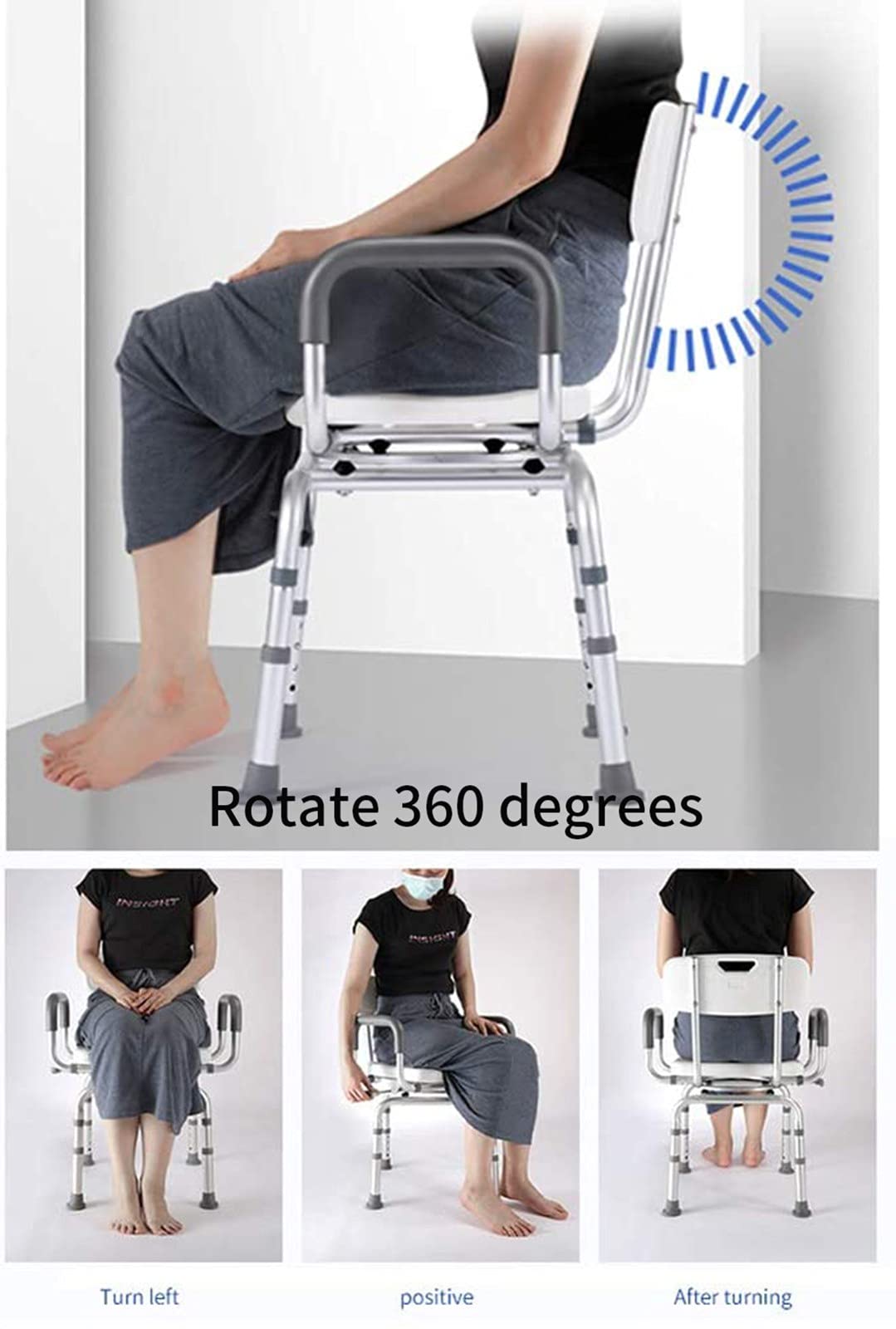 Silla de ducha giratoria resistente con brazos y respaldo, asiento de ducha, taburete de seguridad antideslizante para personas obesas, banco de ducha ajustable para un fácil acceso y comodidad en el
