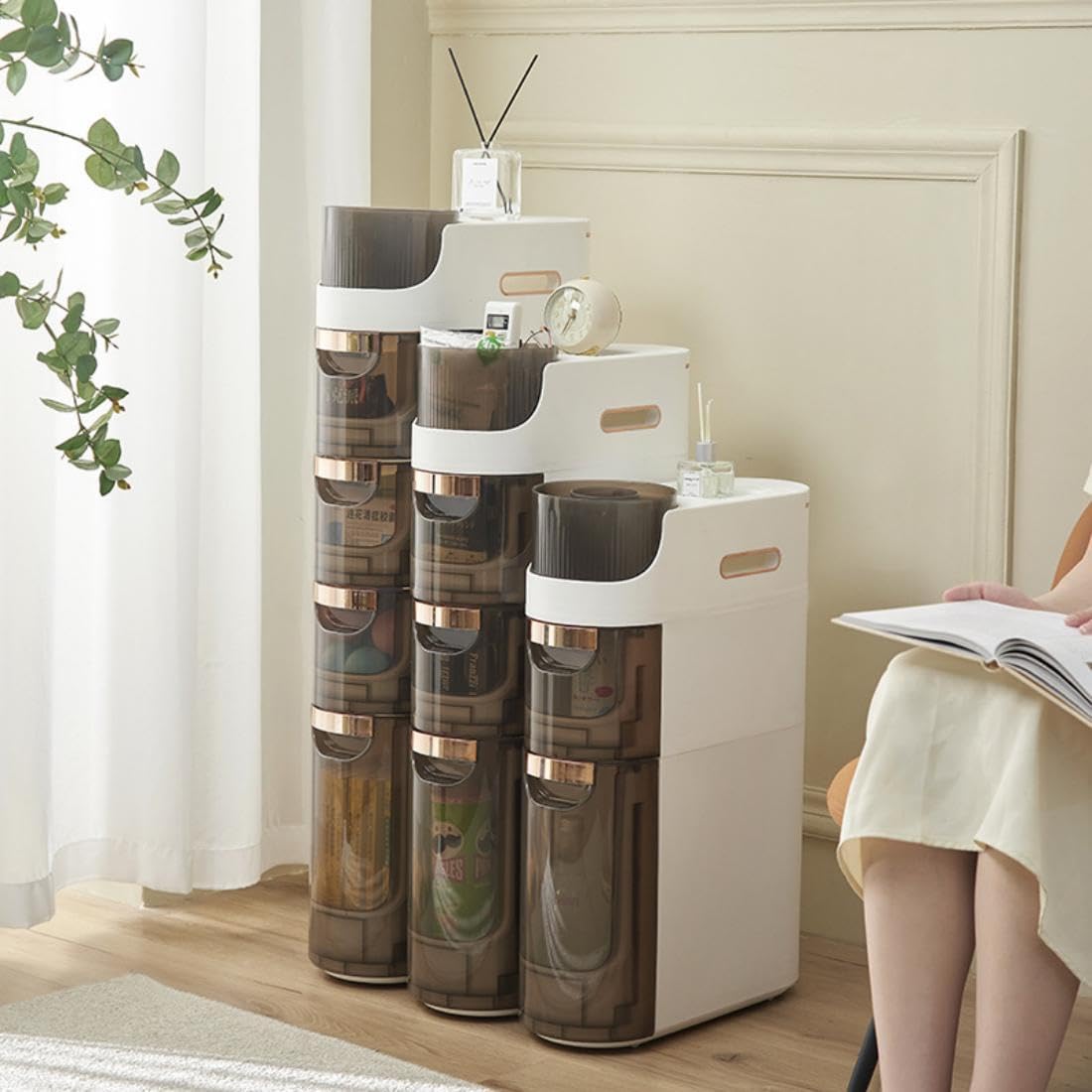 2 Tiers Freestanding Narrow Storage Cabinet with Wheels, Bathroom Floor Cabinet with Large Capacity Mobile Storage Cabinet with Drawers for Bathroom