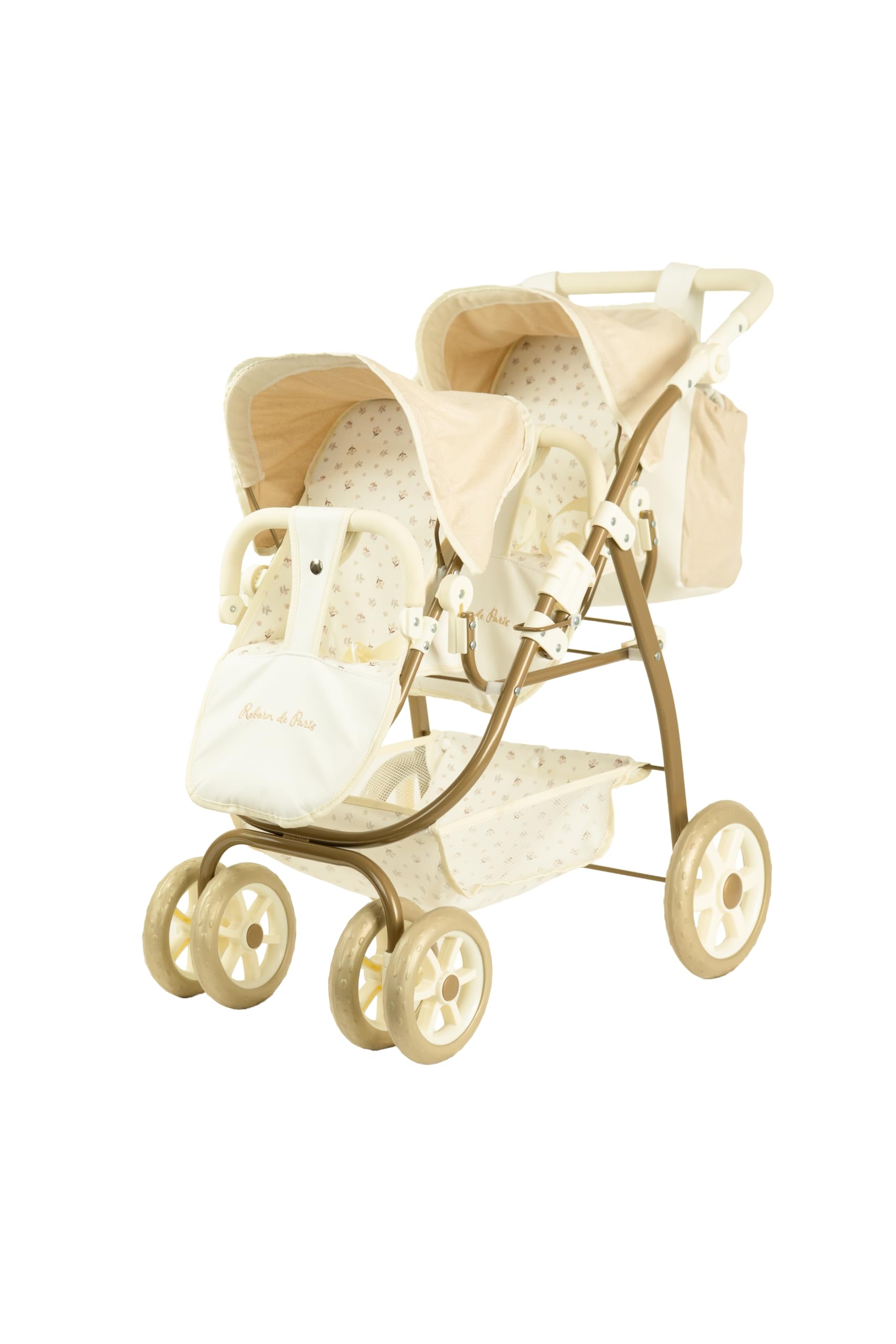 Coche Gemelar para Muñecos Reborn de París, Carrito con Bolso, 45x70x73 cm, Altura Manillar 47-77 cm, +3 Años