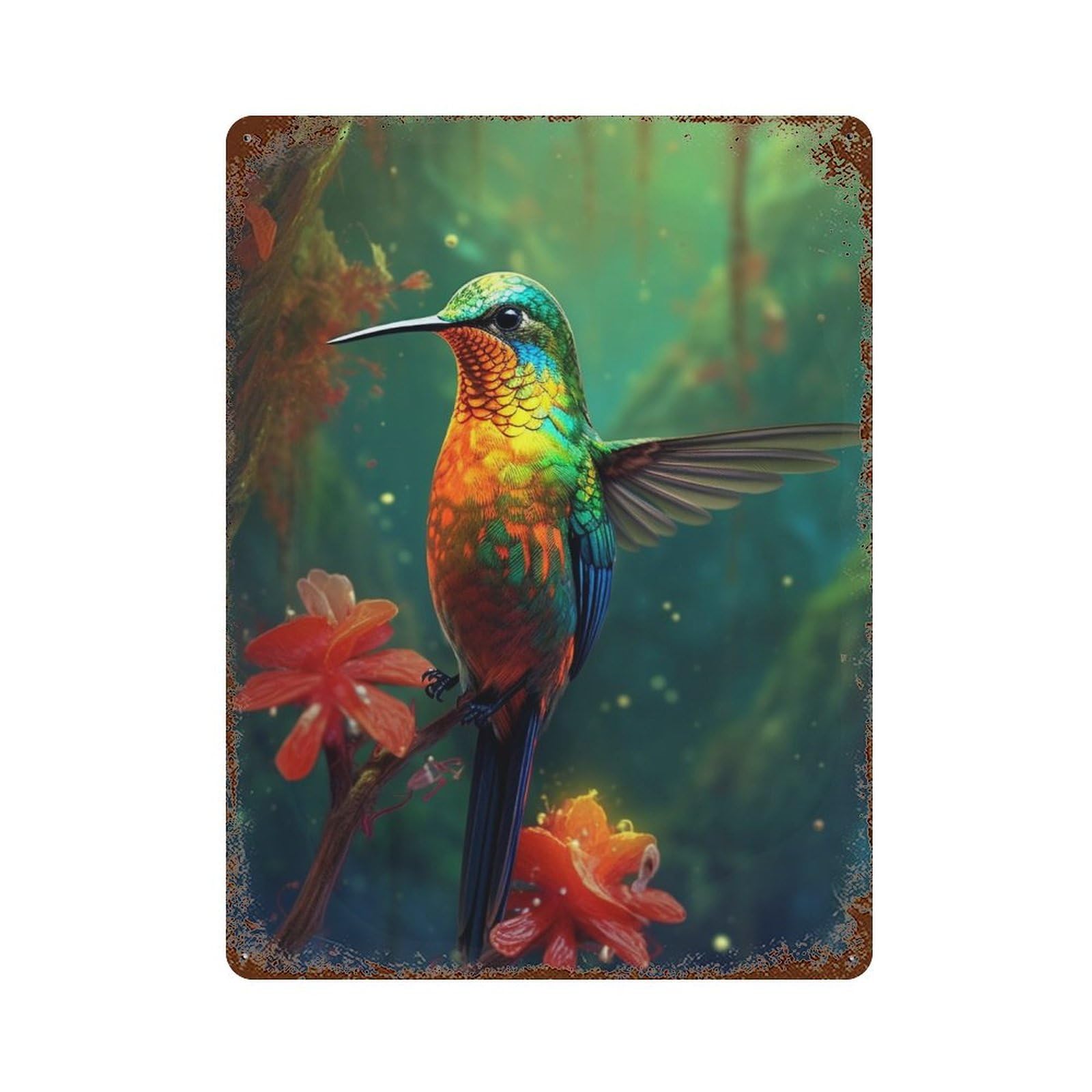 Rainbow Hummingbird in Amazon Rainforest-1 Retro Metal Sign 15.7"x11.8", for Bistro, Counter And Cafe Decor, Rustic Home Decor
