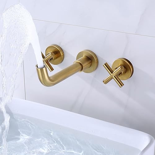 Miniatura 3 de Grifo montado en la pared para fregadero de baño, boquilla giratoria de 360 grados, 2 asas cruzadas, con válvula gruesa, oro cepillado