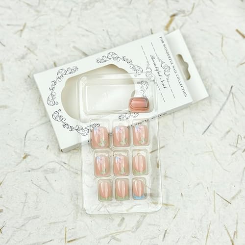 Miniatura 7 de Uñas postizas a presión de punta francesa, uñas postizas cortas cuadradas francesas, uñas postizas acrílicas con diseño floral, uñas adhesivas