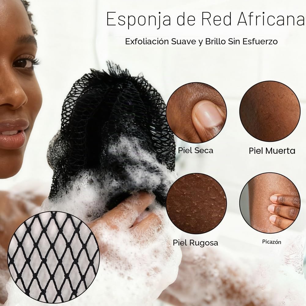 Exfoliante Esponjas Africanas, Esponja de Red Africana con Cordón, Esponja de Baño Larga de Secado Rápido, Mucha Burbuja, Red de Nailon Africano para el Baño y La Exfoliación Diarios(Negro)