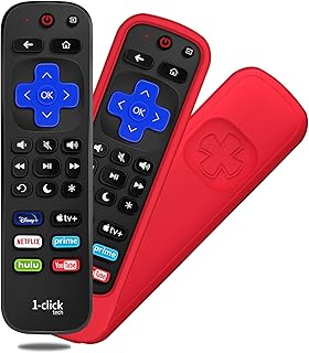 [w/Cover] 1-clicktech Remote for Roku TV w/6 Customizable HotKeys, for TCL Hisense Onn Sharp Sanyo Hitachi Element Insignia Westinghouse Magnavox LG Roku TV, Roku Box (Remote + Red Cover)