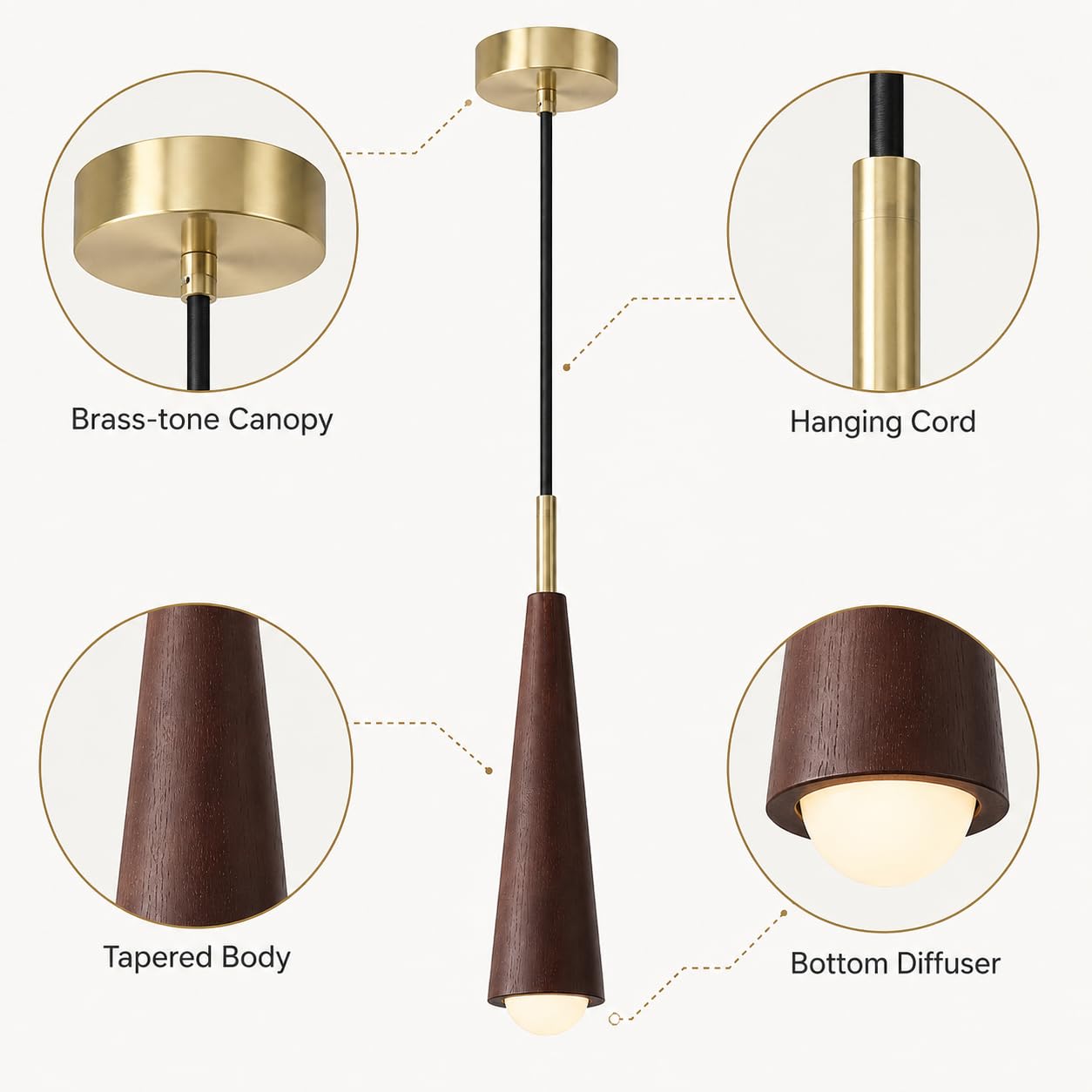 Lámpara colgante moderna de cono de madera y metal con cable para colgar.