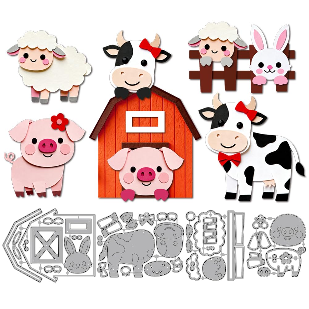 MAYJOYDIY Fustelle in metallo a forma di animali da fattoria, conigli, mucche, maiali, agnelli, goffratura, stencil da taglio in acciaio al carbonio, stencil per la creazione di biglietti, fai da te
