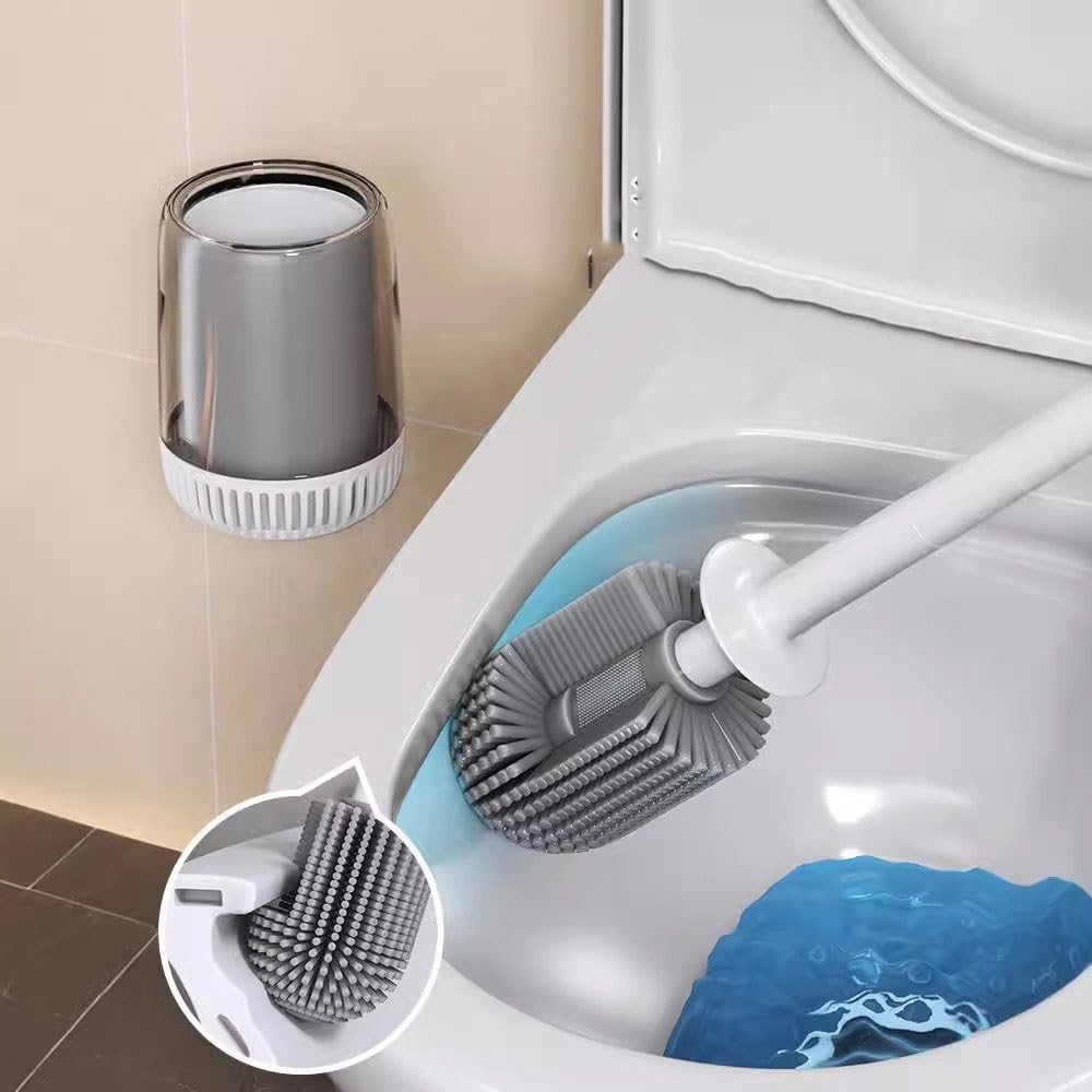 Escobillas de Baño Escobilla de baño montada en la pared, cabezal de cepillo de silicona semiesférico, juego de portaescobilla, mango largo con tapa, escobilla de baño de plástico Escobilla WC