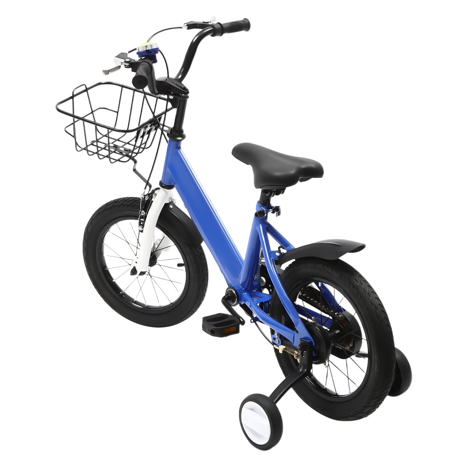 Kinderfahrrad 14 Zoll, Kinderfahrrad ab 3 Jahre, Kinder Fahrrad mit Doppelbremse, 35kg Tragkraft und Sitz Verstellbar, Korb und Stützräder, Kinderfahrrad für Jungen und Mädchen (Blau)