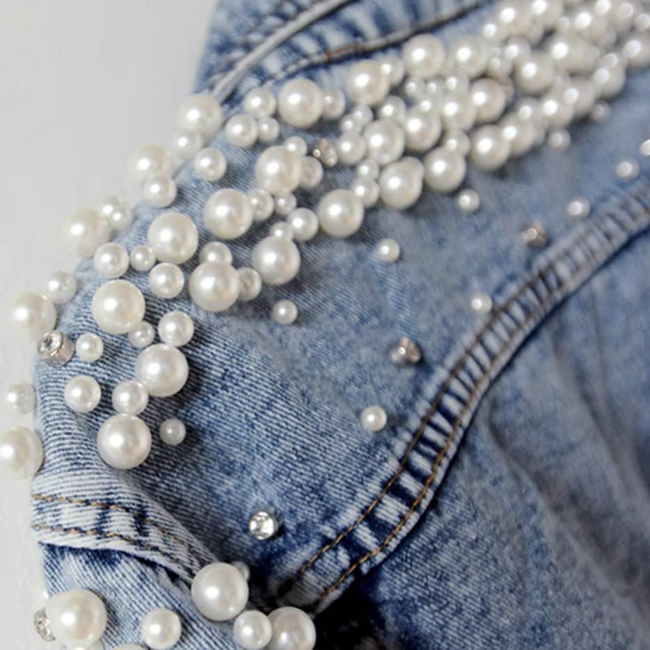 Womens Rhinestone Denim Jacket Trendy Casual Coats Oversized Pearl Jean Jacket Long Sleeve Button Up Coat3