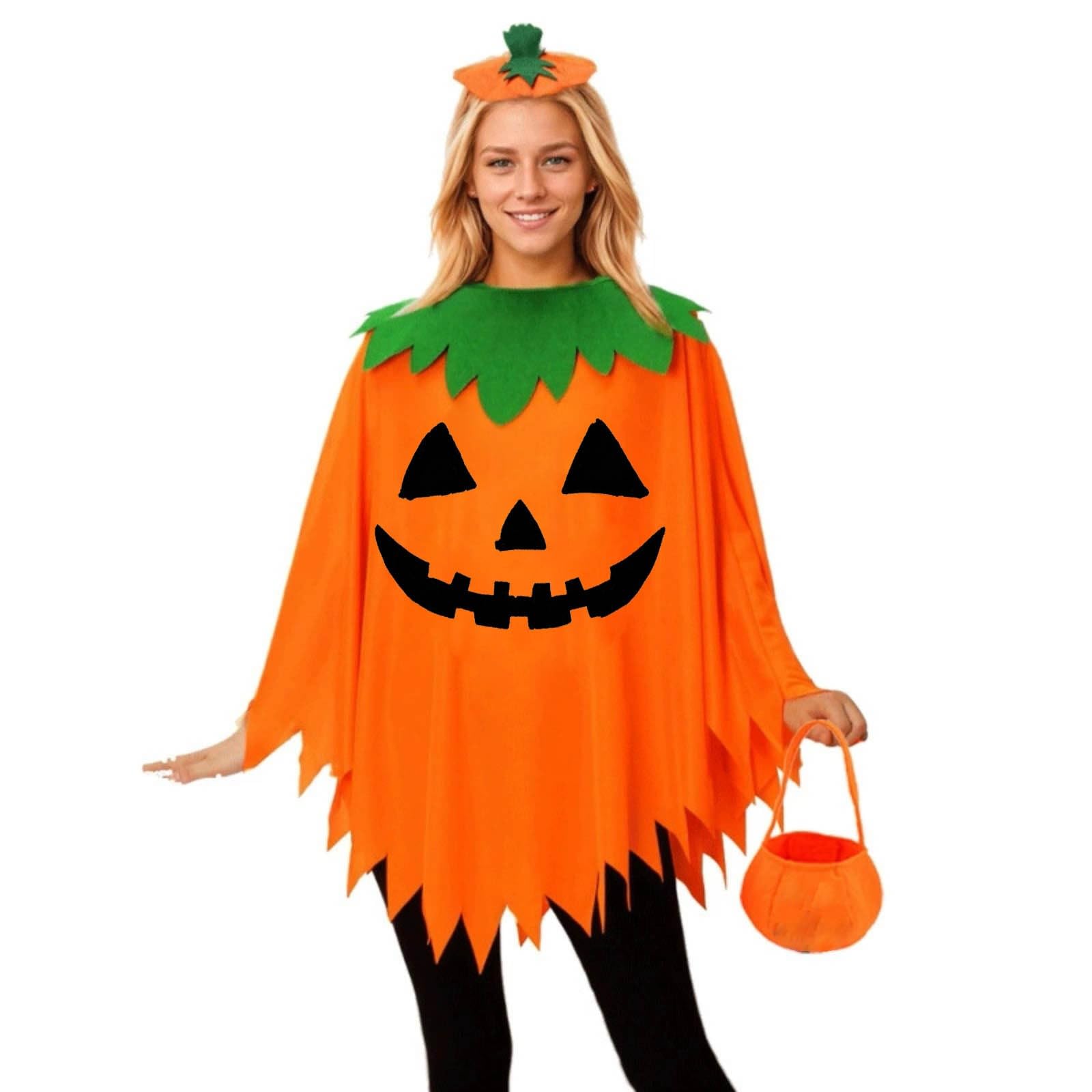 Halloween Costumes for Women Adult, 3 Pcs Pumpkin Costume Womens, Pumpkin Cape Poncho, Headband and Candy Bag, Ladies Fancy Dress Up Outfit Set, Scary Outfits, Cosplay Accessaries