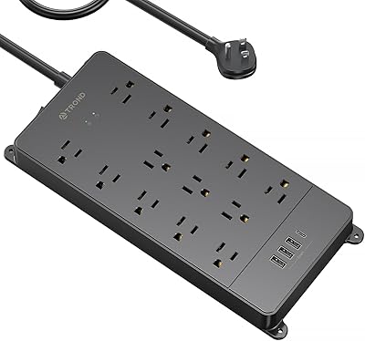 TROND Power Strip Surge Protector 10 ft Cord, 4000 Joules, ETL Listed, 13 Widely-Spaced Outlets Expansion with USB C Ports, Low-Profile Flat Plug, Wall Mount, Extension Cord, 14AWG Heavy Duty, Black