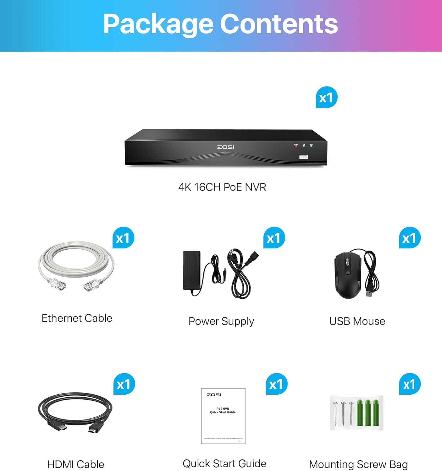 ZOSI 4K 16CH PoE NVR Videoüberwachungsrekorder ohne Festplatte, Unterstützt 2MP/5MP/8MP IP Kameras, Nur kompatibel mit PoE Kameras derselben Marke, H.265+, Smart Fernzugriff