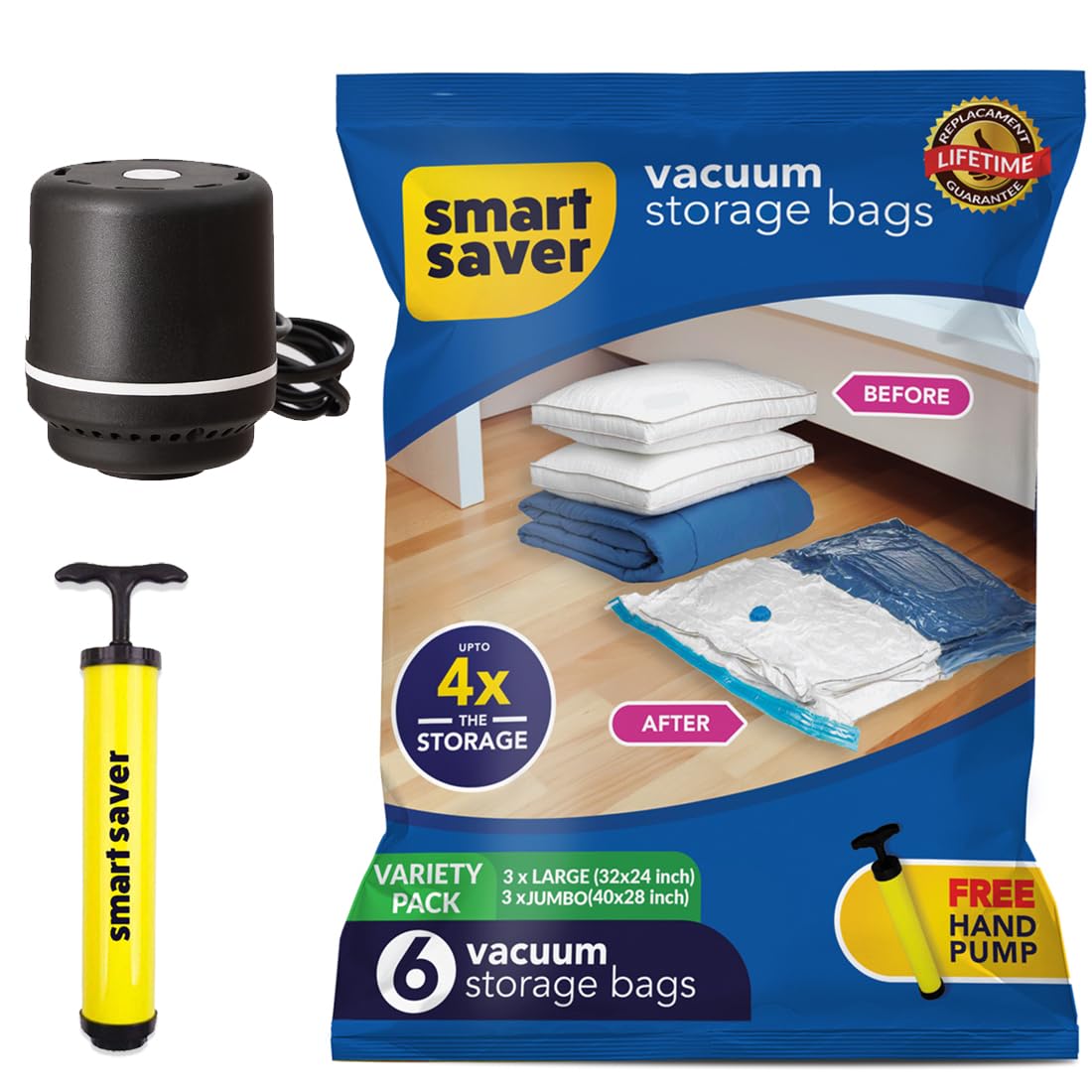 Smart Saver Polyamide Polyethylene Vacuum Compression Bags|Vacuum Storage Bags|Vacuum Bags For Travel|Space Saver Vacuum Bags(3Jumbo + 3Large With Electric And Manual Handpump),White