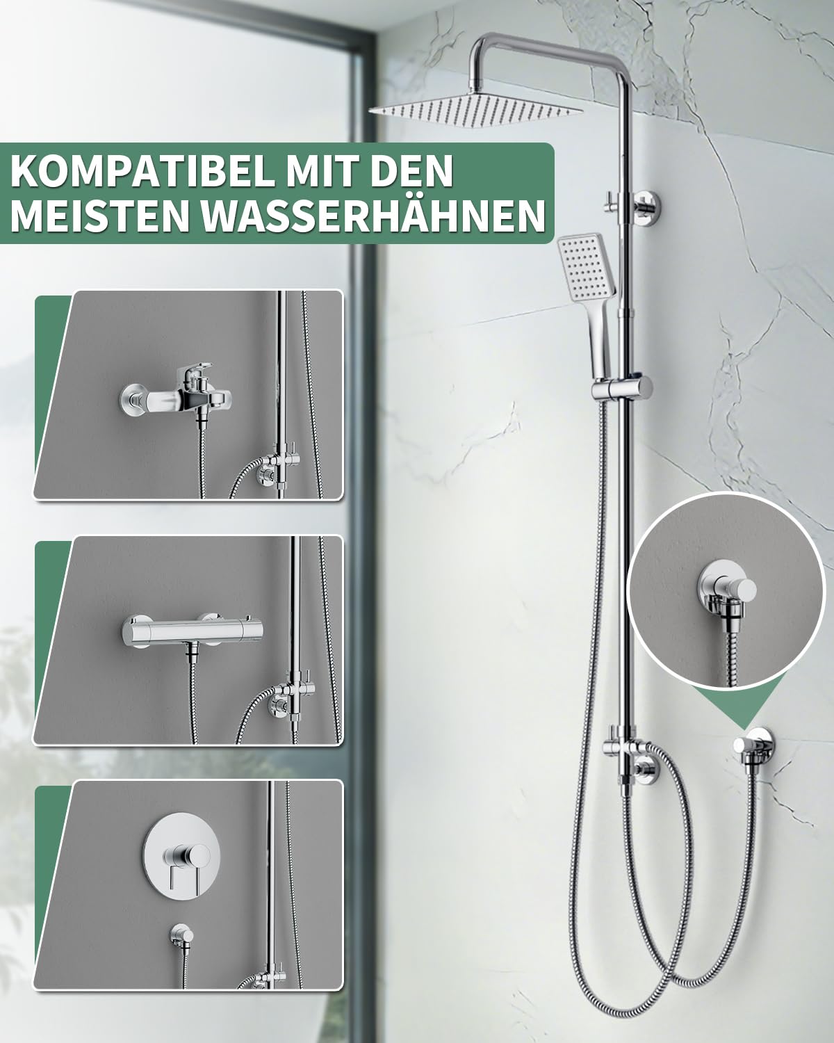 SunCleanse Regendusche ohne Armatur, Eckiger Duschkopf aus Edelstahl 25x25 cm, höhenverstellbar Duschstange von 75-110cm, Mit Hochdruck Handbrause, Duschsystem mit Messing-Umschaltventil, Chrom